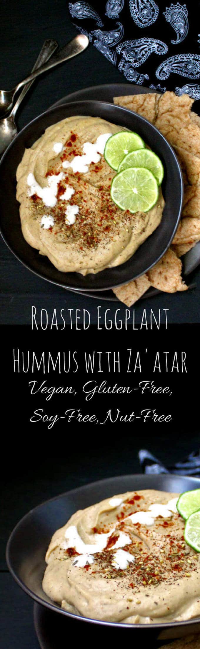Roasted Eggplant Hummus with Za'atar Spice Mix #vegan #hummus #eggplant #glutenfree #soyfree #nutfree - HolyCowVegan.net