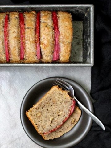 Vegan Rhubarb Bread with Walnuts, soy-free can be nut-free and wholegrain #vegan #cake #bread #rhubarb HolyCowVegan.net