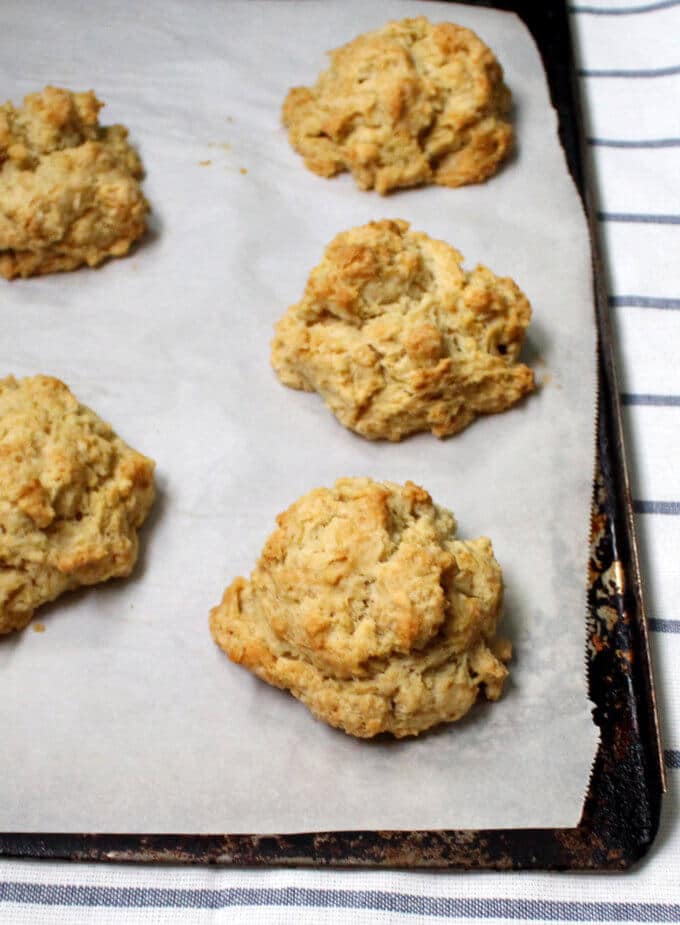 Vegan Buttermilk Drop Biscuits on baking sheet.