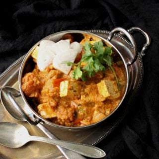 Vegan Kadai Tofu "Paneer", gluten-free, can be nut-free #vegan #indian #tofu #curry #glutenfree HolyCowVegan.net