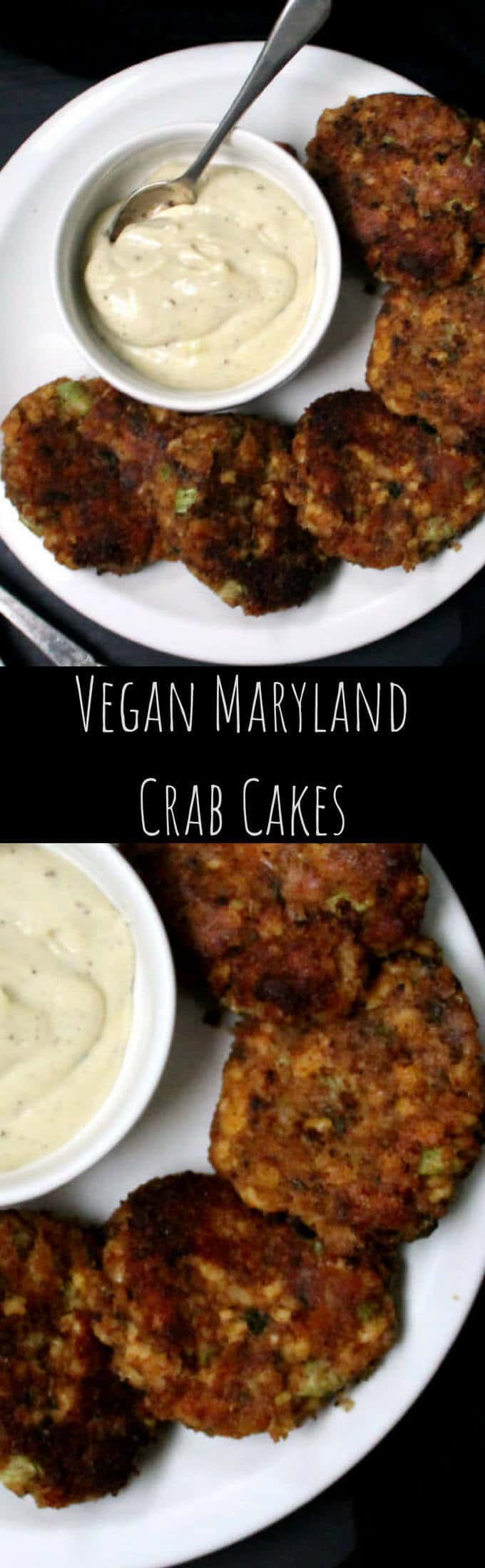 Images of crabcakes with text inlay that says "vegan maryland crab cakes"