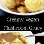 This vegan Mushroom Gravy is thick, creamy, rich and it enhances just about any dish you pour it over, from mashed potatoes to meatballs to a meatless loaf. At your Thanksgiving table, it's sure to become a star. Vegan, nut-free, can be gluten-free. #vegan #thanksgiving #mushrooms #gravy #nutfree HolyCowVegan.net