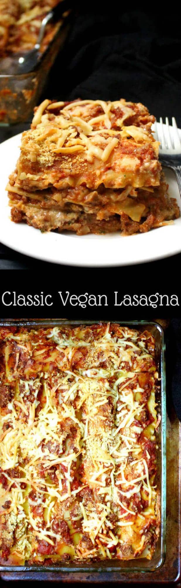 A classic vegan lasagna recipe with a meatfree "meat" sauce and vegan ricotta, parmesan and mozzarella cheeses. Perfect comfort food for a crowd or for a cozy dinner in with family or friends. #vegan #lasagna #thanksgiving #recipes #holidays #italianfood #pasta HolyCowVegan.net