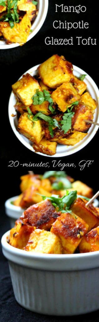 My Easy Mango Chipotle Glazed Tofu, with sparkling sweet, spicy, tangy and salty notes, makes a tasty and simple finger food for a full-blown event or a party of one. This recipe has only seven ingredients, and it takes under 20 minutes to put together. A vegan, nut-free and gluten-free recipe. #vegan #appetizer #fingerfood #mango #tofu #recipe #glutenfree #nutfree HolyCowVegan.net