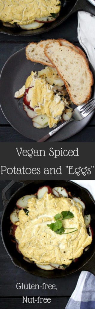Vegan Spiced Potatoes with "Eggs" is a delicious spin on a traditional breakfast served by the Parsi community in India. The ingredient list is spectacularly simple, and the flavor returns are enormous. Perfect for breakfast, lunch, brunch or dinner. #vegan #glutenfree #nutfree #breakfast #recipe #eggless HolyCowVegan.net