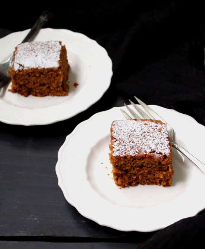 What can be a more delicious breakfast for the holidays than this delicious Vegan Gingerbread Cake made with whole wheat flour? It makes a perfect dessert or snack as well. Vegan, soy-free and nut-free recipe.. #vegan #soyfree #nutfree #gingerbread #holidays #cake HolyCowVegan.net