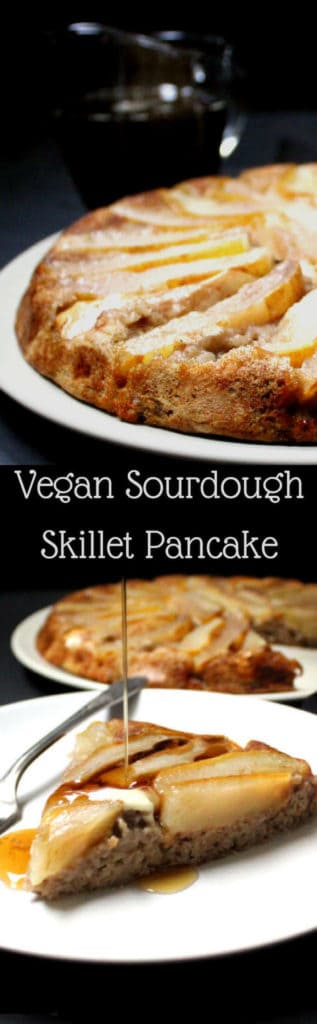 This Sourdough Skillet Pancake is fluffy and tender and extra-delicious with pears. A vegan, soy-free and nut-free recipe. #vegan #soyfree #nutfree #breakfast #recipe HolyCowVegan.net
