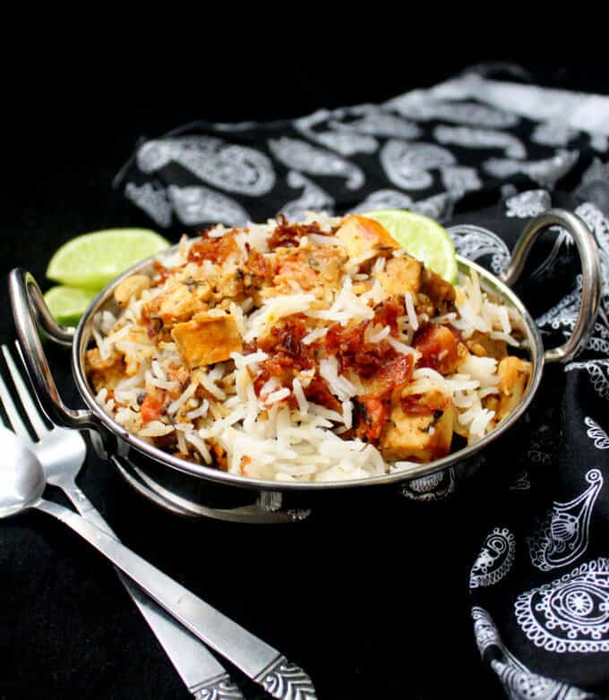 This delicious Vegetable Biryani is as tasty as anything you'd find in a restaurant, but it takes less time to make than it would to order takeout. A vegan, gluten-free recipe, can be soy-free and nut-free.