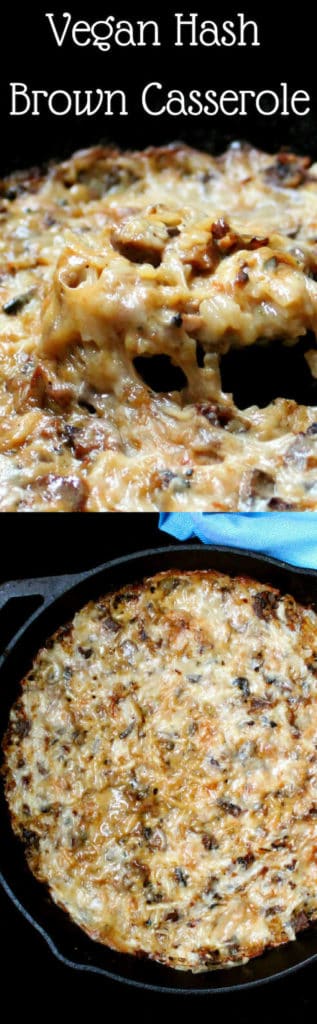 Images of a bubbly, golden vegan Hash Brown Casserole with text inlay that says "vegan hash brown casserole"