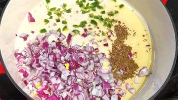 Onions, cumin and jalapeno in pan.