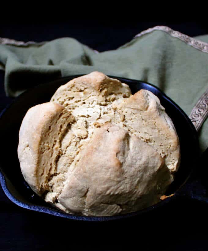 Vegan gf Irish soda bread in cast iron skillet 