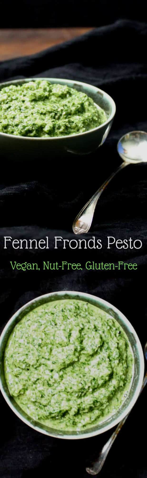 A fresh and green Fennel Fronds Pesto that's fresh and delicious and nutritious. A great way to use up the feathery leaves you might otherwise throw out. #vegan, #soyfree, #glutenfree, #pesto, #nutfree #holycowvegan HolyCowVegan.net