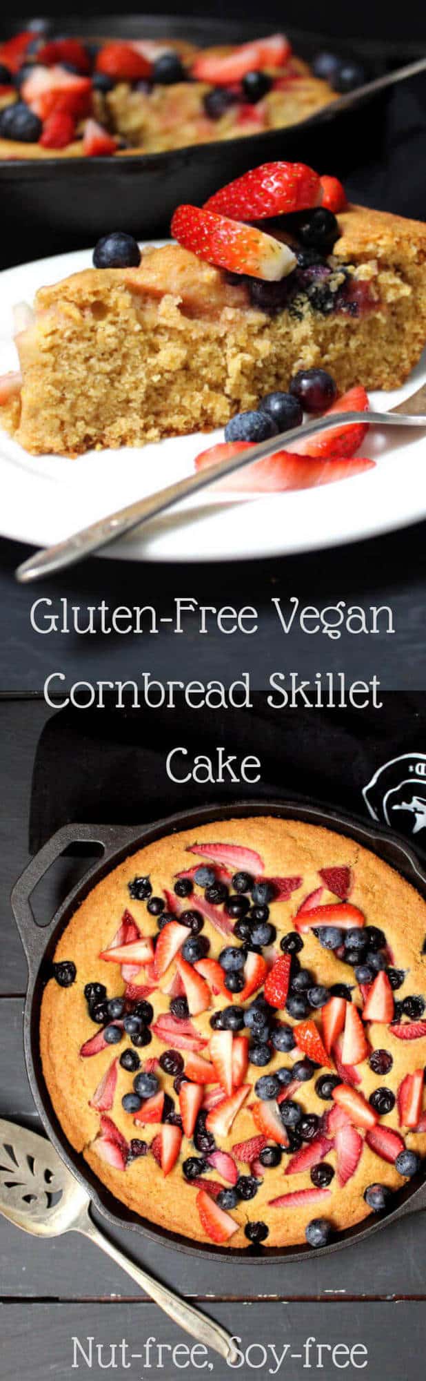 Images of glutenfree vegan Skillet Cornbread Cake with text inlay that says "gluten-free vegan cornbread skillet cake"