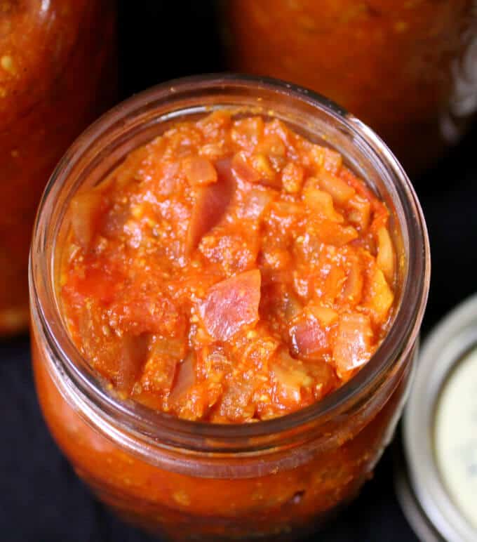Tomato onion sauce in a jar.