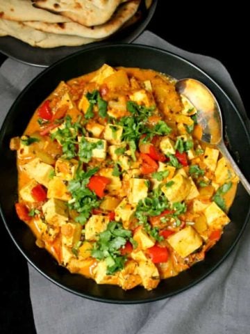 Instant Methi Malai Paneer Tofu. Put this popular Indian restaurant dish together in less than 15 minutes, with the basic tomato onion sauce. #vegan #indianrecipes #curry #sauce HolyCowVegan.net