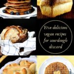 Five delicious vegan recipes using the discard portion of your sourdough starter. Breads, waffles, pancakes, pretzels and more. #vegan, #sourdough, #breads, #baking HolyCowVegan.net