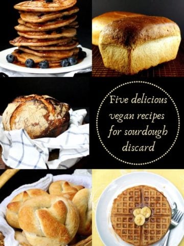 Image of sourdough discard recipe with text inlay that says "five delicious recipes for sourdough discard"
