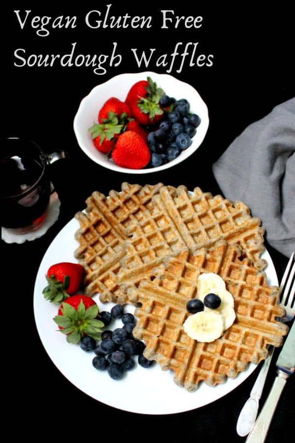 Vegan Gluten Free Sourdough Waffles that are tender and melt in your mouth. #waffles, #sourdough, #breakfast HolyCowVegan.net