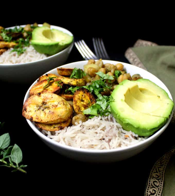 Bowls with Coconut Rice, Chickpea Curry, avocado and Roasted Plantains