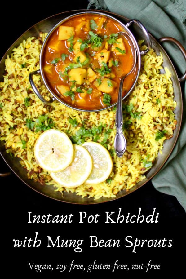 Khichdi in copper pan with potato curry and text that says \"instant pot khichdi.\"