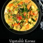 Vegetable Korma in black bowl with text inlay that says "vegetable korma, Indian mixed vegetable curry, soy-free, nut-free, gluten-free"