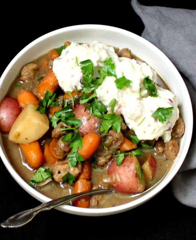 Vegan Irish Stew with veggies and vegan "lamb" chunks