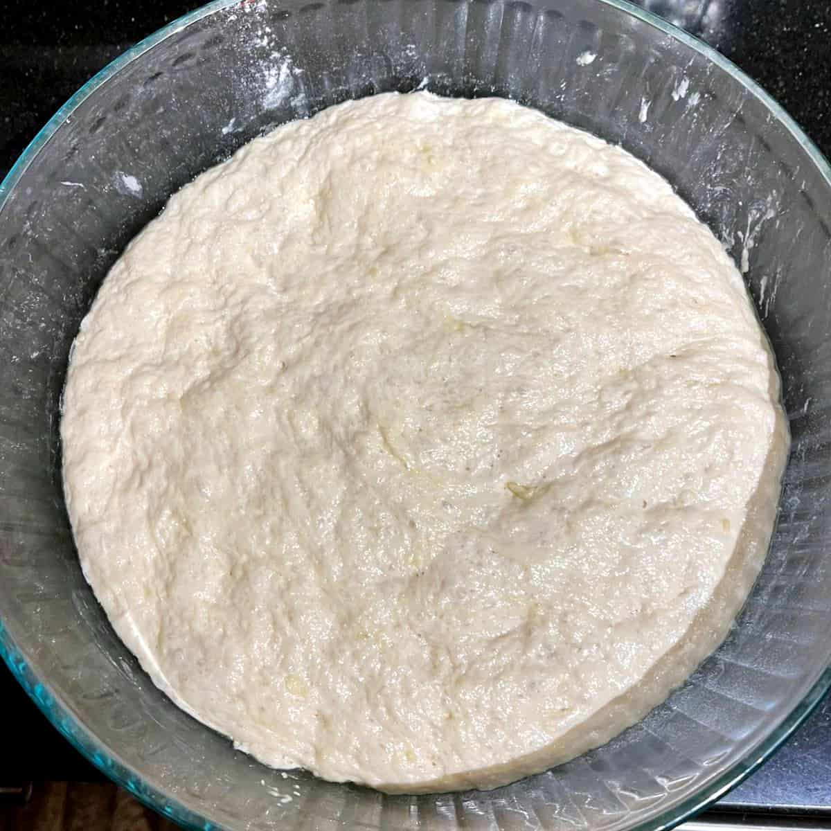 Risen naan dough in bowl.
