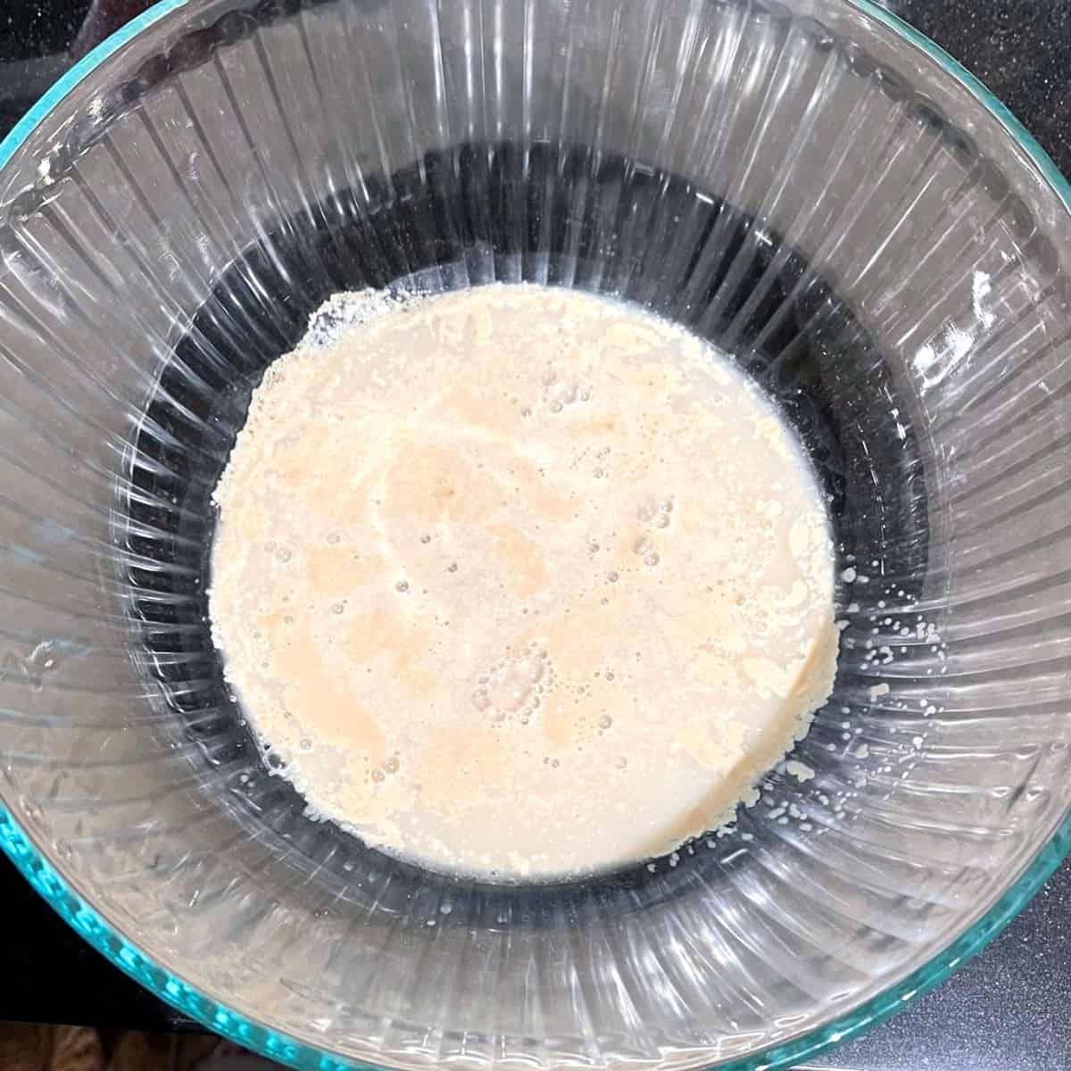 Yeast, sugar and water mixed in bowl.