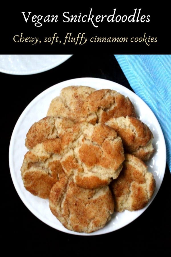 vegan snickerdoodle cookies, cinnamon sugar cookies on a white plate