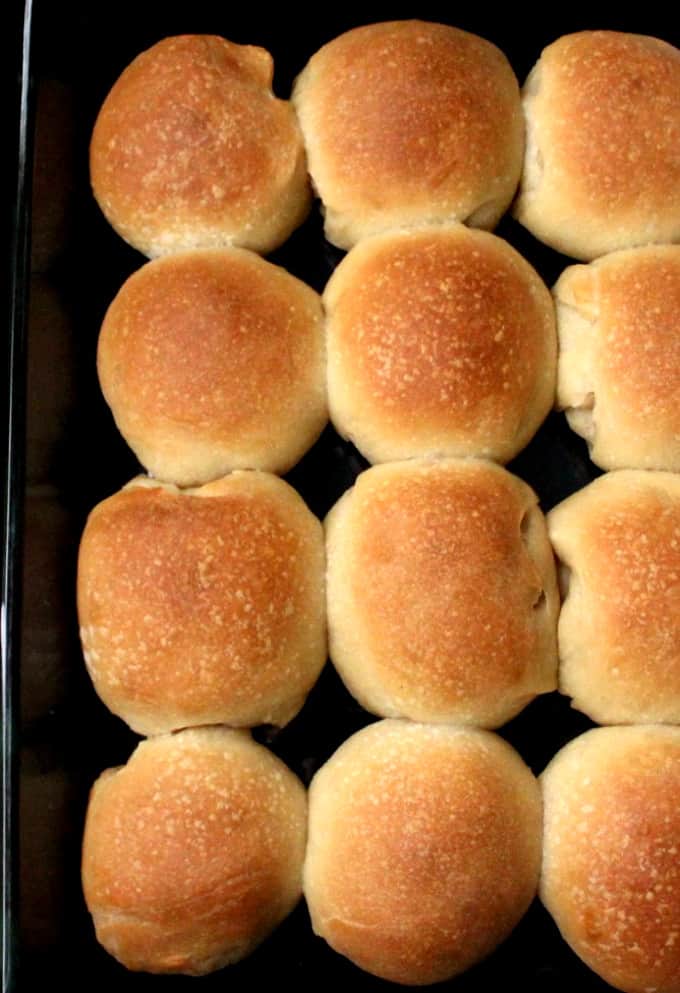 Photo of rows of pillow-soft sourdough rolls in baking dish.