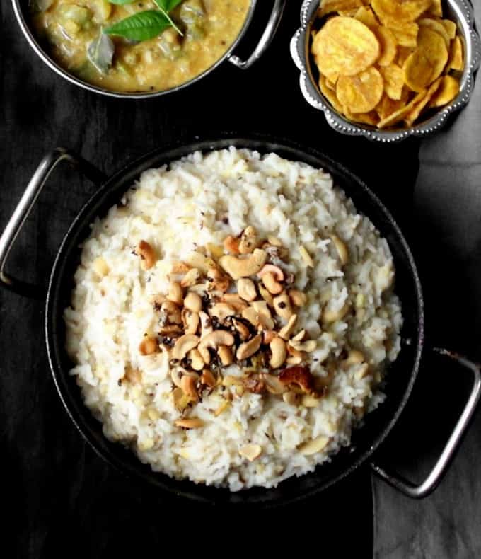 Vegan ven pongal with eggplant and green pepper gotsu and banana chips