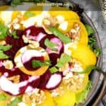 Beet salad image with text inlay that says beet salad with garlic lemon vinaigrette"