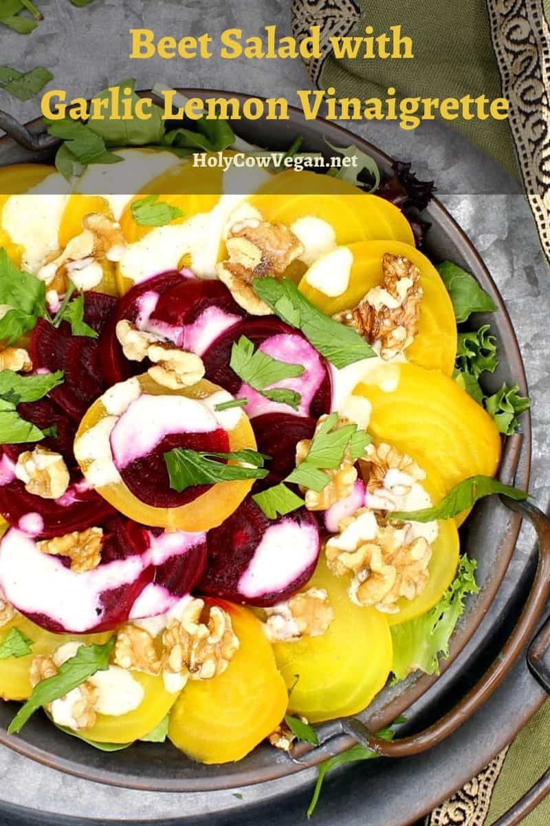Pin image showing close up shot of Beet Salad with Garlic Lemon Vinaigrette
