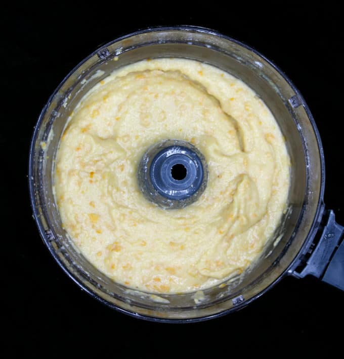 Vegan clementine cake batter in food processor.