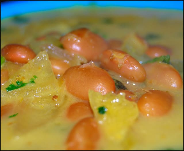 Closeup of creamy canary beans curry.