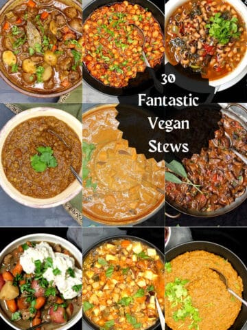 Vegan stews images with text that says "30 fantastic vegan stews".