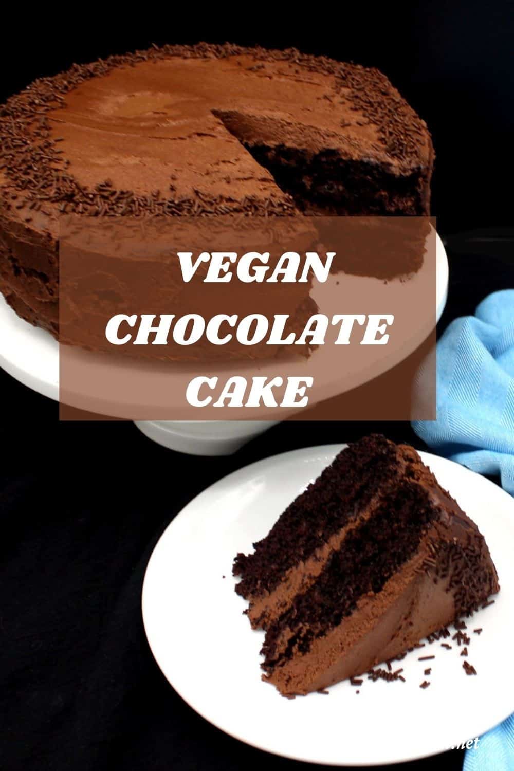 Image of a slice of cake with whole cake in background with text inlay "vegan chocolate cake"