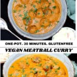 Vegan meatball curry in earthenware bowl pinterest pin