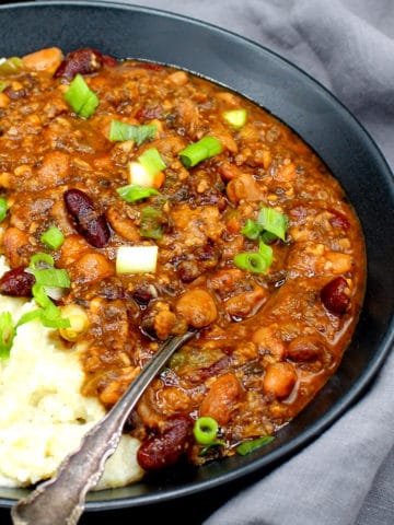 Bowl of Instant Pot Vegan Chili with mashed potatoes