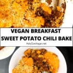 Vegan Sweet Potato Chili Bake in a white bowl and casserole dish