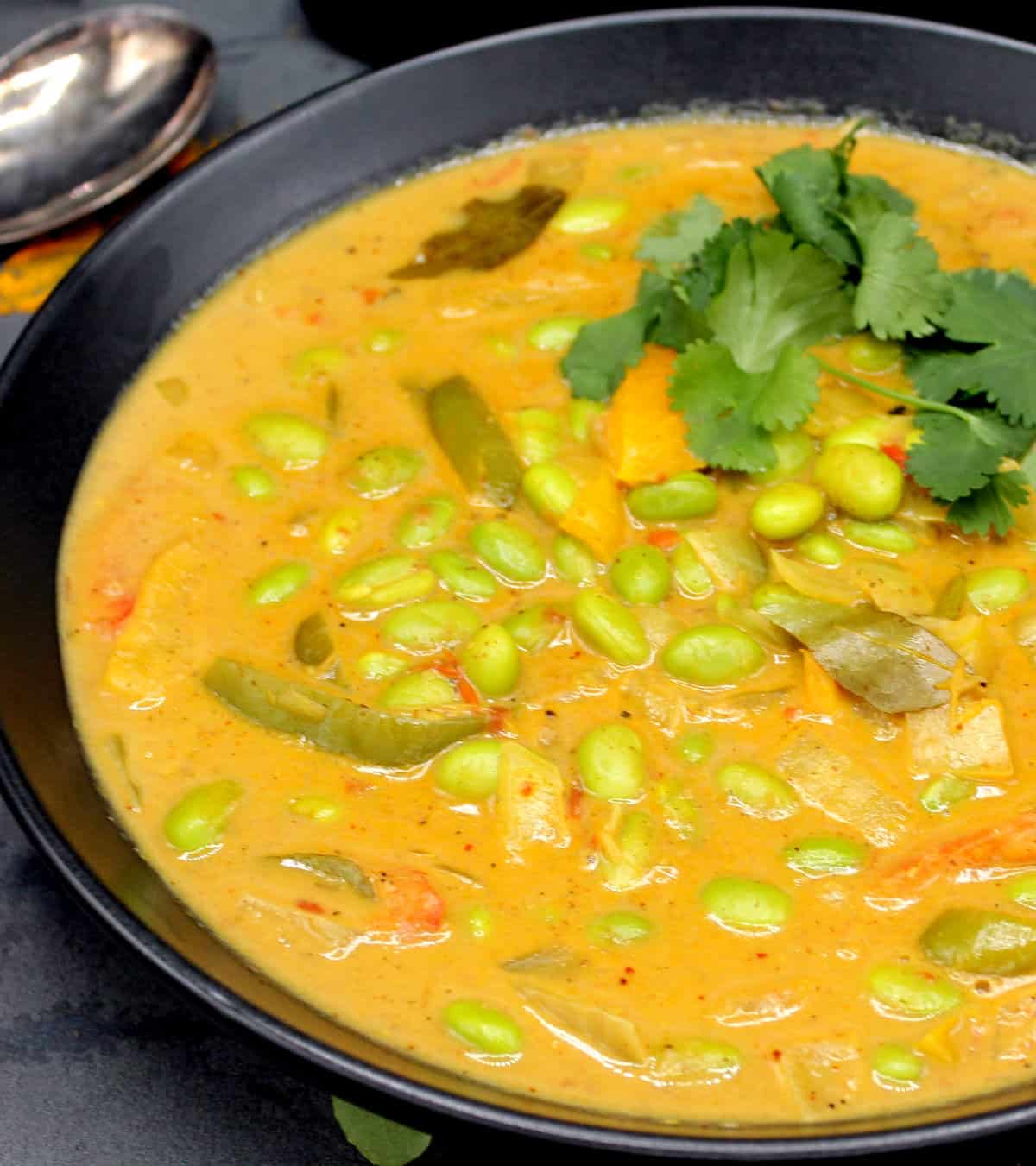 A close up of edamame beans curry or soybean curry with cilantro garnish and bell peppers.