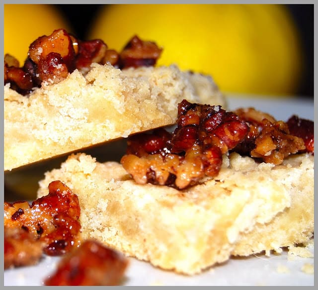 Photo of vegan lemon shortbread with candied pecan topping