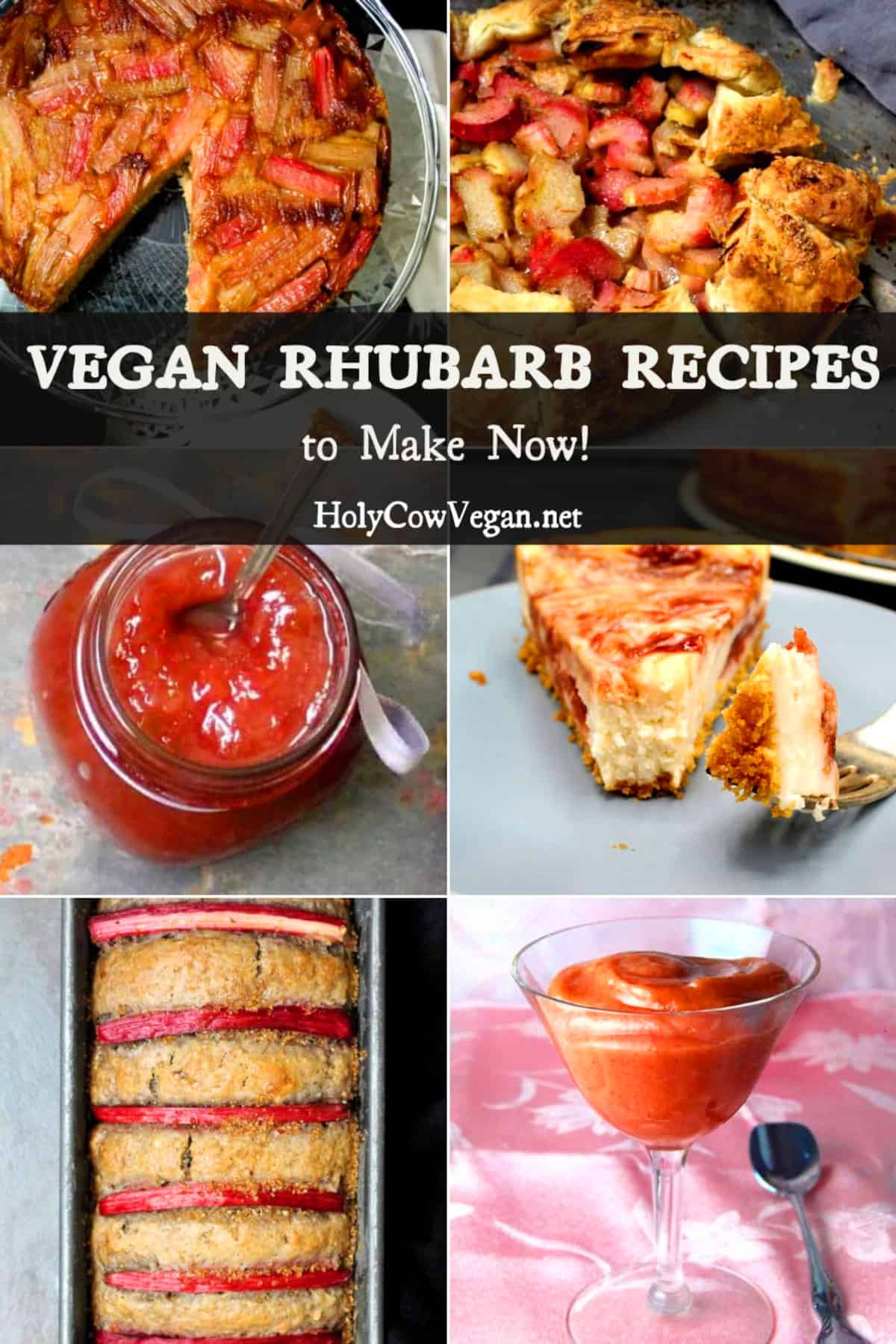 Images of rhubarb pie, rhubarb cake, rhubarb jam, rhubarb bread, rhubarb mousse and rhubarb galette with text that says "vegan rhubarb recipes to make now!"