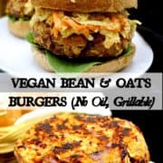 Photo of bean and oats burgers with inlay text that reads "vegan bean and oats burger, no oil, grillable"