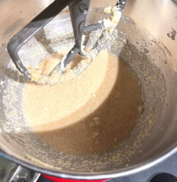 Batter for vegan strawberry cake prepping in stand mixer bowl