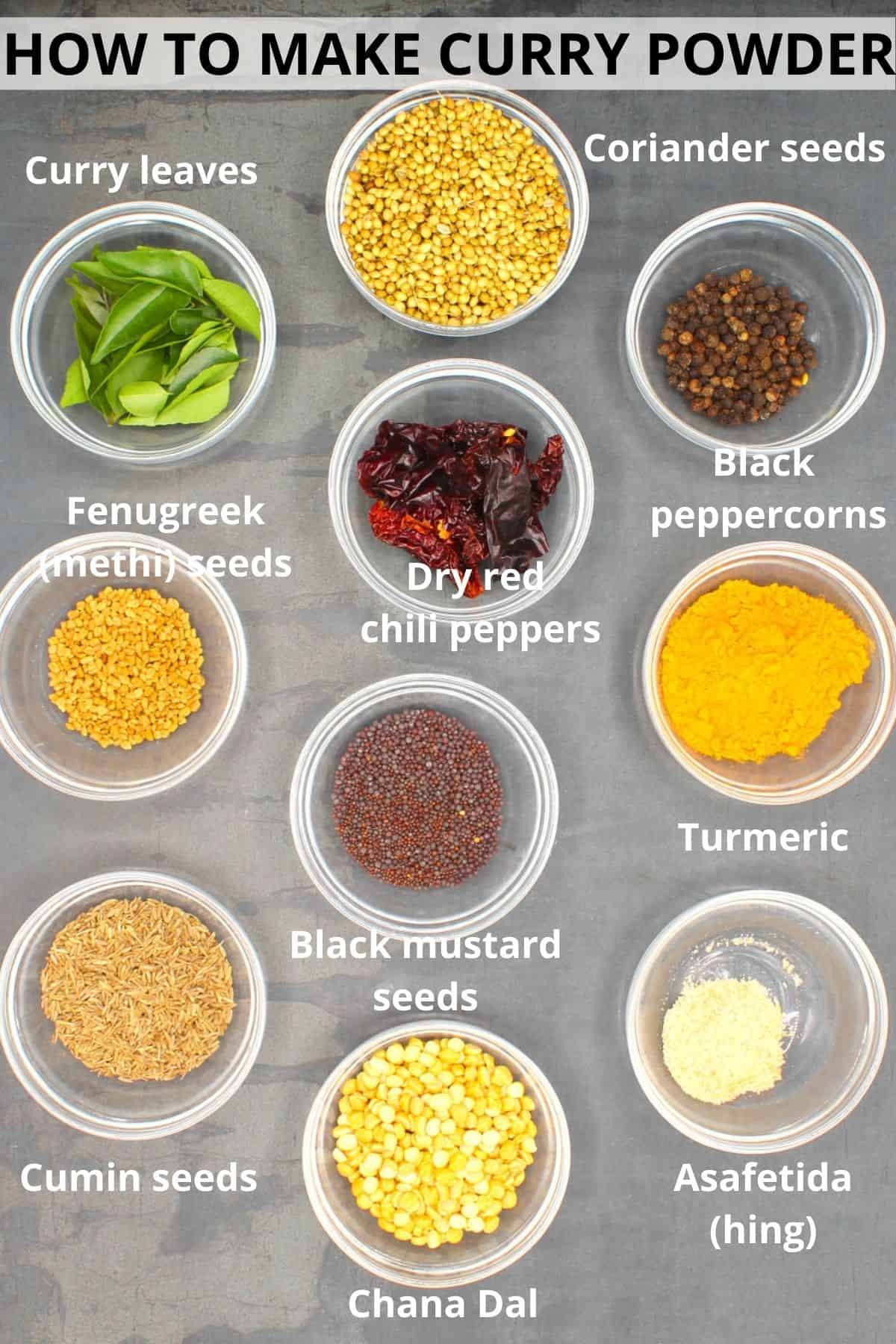 Photo of the ingredients in curry powder in small pinch bowls, including coriander seeds, curry leaves, fenugreek seeds, cumin seeds, dry red chili peppers, black peppercorns, turmeric, mustard seeds, asafetida and chana dal.