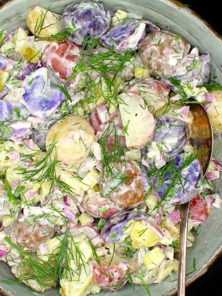 Image of vegan potato salad in a glazed clay bowl with vegan mayo and dill