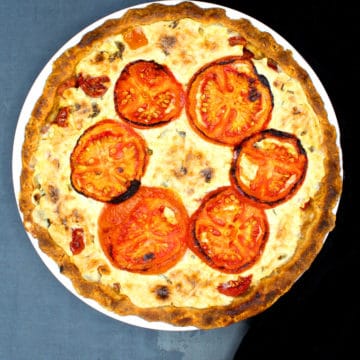 Vegan Tomato Pie in a baking dish