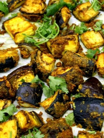 Closeup of curry roasted eggplant