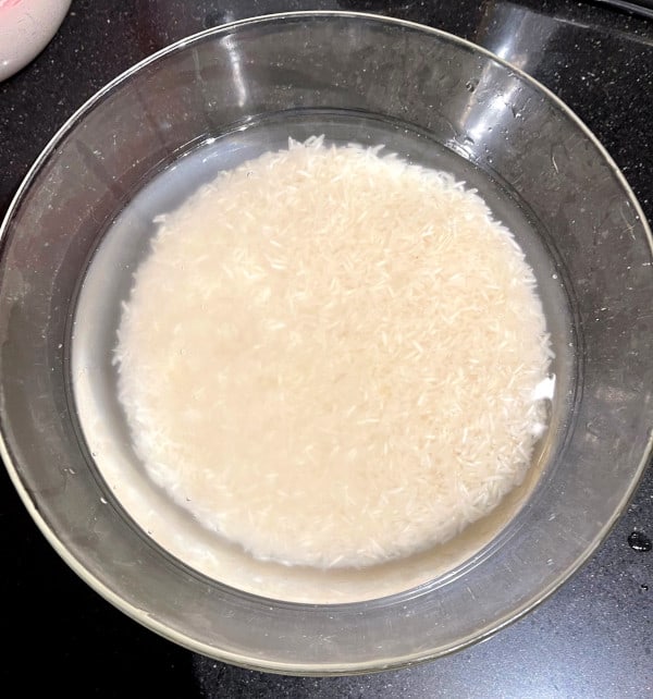 Washed and soaked basmati rice